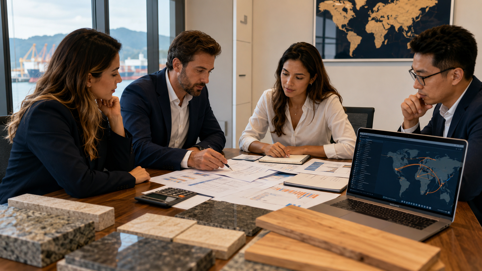 International trade team reviewing quotations, logistics documents, natural stone and lumber samples